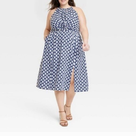 Ava & Viv Dress Women's Size 2X Blue White Geometric Halter Neck Pockets New - Picture 1 of 14